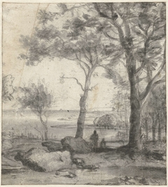 Landschap met bomen bij een kust by Roelant Roghman