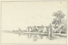 Landschap met huizen en een molen aan het water by Unknown Artist