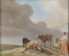 Landschap met koeien, schapen en herderin, gewijzigde kopie naar een schilderij van Paulus Potter, de herderin gekopieerd van een schilderij van Karel Dujardin  (recto); onvoltooid portret van een man (verso) by Jean-Etienne Liotard