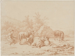 Landschap met schaapherder en zijn kudde by Pieter de Goeje