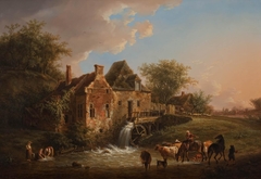 Landschap met waterval en boerderij by Henri van Assche