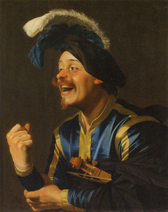 Laughing musician with a violin under his arm by Gerard van Honthorst