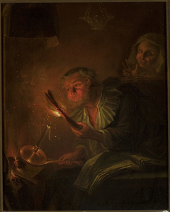 Man with a fire torch by Godfried Schalcken