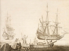 Men in a Boat Near Two Dutch Ships by Experiens Sillemans