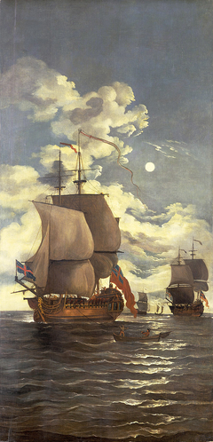 Moonlight scene: ships saluting by Monamy Swaine