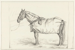 Paard staand in stal met deken op de rug, naar links by Jean Bernard