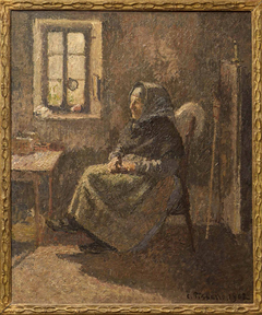 Peasant woman sitting in moret by Camille Pissarro