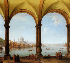 Prospect of London from a collonade with a distant view of St. Paul's and Old London Bridge by Antonio Joli