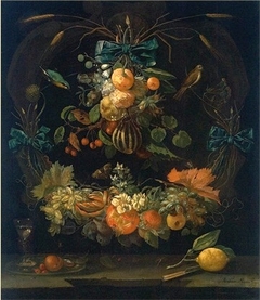 Still-life of flowers and fruits by Abraham Mignon