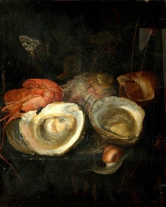 Still Life of Oysters and a Prawn on a Ledge, with a Snail and a Butterfly by Anonymous