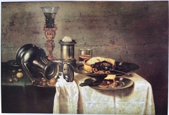 Still life with pie, nuts and berkemeyer by Cornelis Mahu