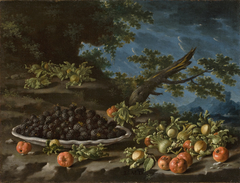 Still Life with Plate of Blackberries Antilles Cherries and Hazelnuts in a Landscape by Luis Egidio Meléndez