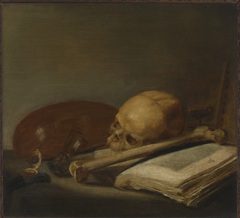 Still life with skull, bone, book, lute and watch on a ledge by Unknown Artist