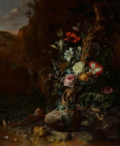 Tree trunk surrounded by flowers, butterflies and animals by Rachel Ruysch