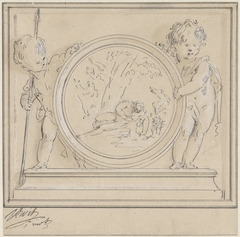 Twee putti met medaillon, waarin Narcissus en Echo by Jacob de Wit