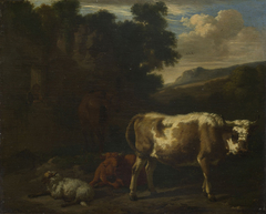 Two Calves, a Sheep and a Dun Horse by a Ruin by Dirck van der Bergen