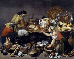 Two Figures at a Table with Kitchen Utensils by Antonio de Pereda