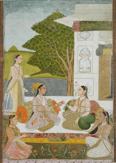 Two women and musicians seated outside a pavilion by Anonymous