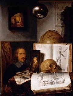 Vanitas still life with skull, books, prints and paintings, with reflected self-portrait by Simon Luttichuys