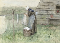 Vrouw bij een waslijn by Anton Mauve