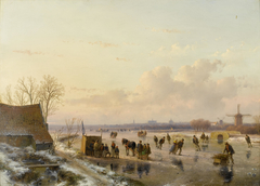 Winter landscape with skaters, Haarlem in the distance by Andreas Schelfhout