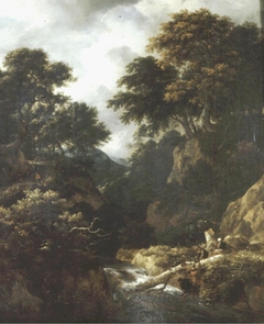 Wooded mountainous landscape with fishermen and resting travellers near a waterfall by Jacob van Ruisdael