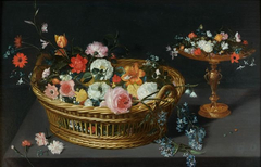 A basket of flowers with a tazza on a wooden ledge by Jan Brueghel the Younger