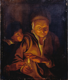 A Boy lighting a Candle from one held by an Old Woman by Anonymous