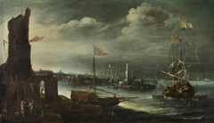 A Dutch ship at anchor off Genoa by Andries van Eertvelt