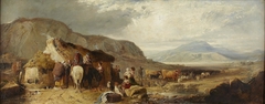 A Highland landscape with figures and animals by a cottage by Charles Hoguet