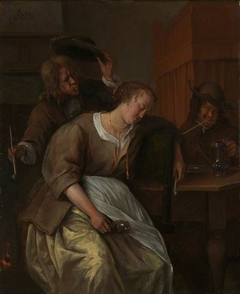 A Man Blowing Smoke at  Drunken Woman by Jan Steen