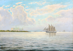 A sailship in the sun off the coast near Kronborg Castle. by Emanuel Petersen