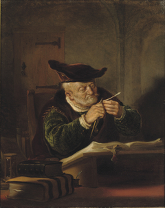 A scholar sharpening his quill by Salomon Koninck