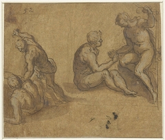 Adam en Eva onder de boom en Cain die Abel doodt by Jacopo Palma il Giovane