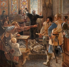 Bernard Gilpin making Peace among the Borders, takes down the Glove in Rothbury Church, circa 1570 (One of a series of eight oil paintings illustrating the history of the English Border) by William Bell Scott