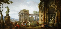 Capriccio of Figures dancing amongst Classical Ruins, with a Statue of the Rape of Proserpine by Antonio Zucchi