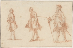 Drie mannelijke figuren, twee met stok en steek by Cornelis Troost