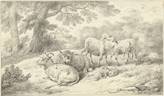 Drie schapen, twee lammeren en een geit in een bosachtig landschap by Adriaen Oudendijck