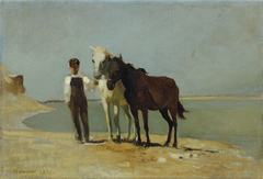 Ein Junge mit Pferden am Strand by Franz Rumpler