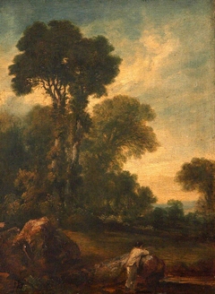 Farmhand looking out over a Field with Trees by Anonymous