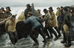 Fishermen launching a rowing boat by Michael Peter Ancher