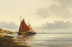 Fishing boats at the shore. by Carl Frederik Sørensen