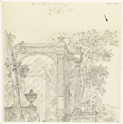 Fragment van een tuingezicht met architectuur en figuren by Unknown Artist