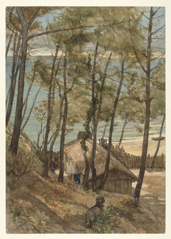 Gezicht vanaf een heuvel op een huisje aan de golf van Arcachon by August Allebé