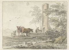 Herder met vee bij een fontein by Hendrik van der Straaten