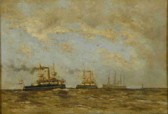 Het pantserschip Hr.Ms. Evertsen en een onbekend Nederlands pantserschip by Richardus Philippus Arnoldus van Rees