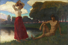 Idyll (Männlicher und weiblicher Halbakt in der Landschaft) by Ludwig von Hofmann