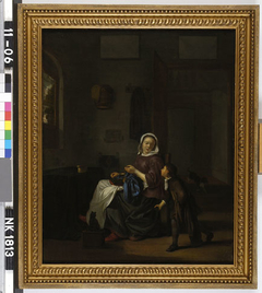 Interieur met naaiende vrouw en een kind by Pieter Cornelisz van Slingelandt