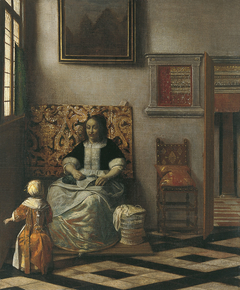 Interior with a Woman sewing and a Child by Pieter de Hooch