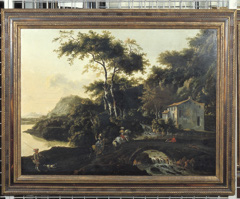 Italian landscape with horsemen on a bridge by Unknown Artist